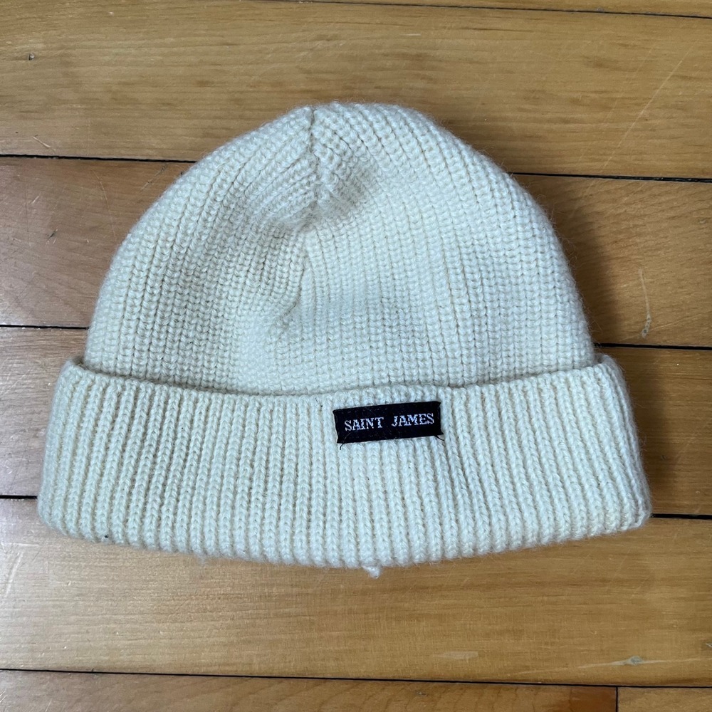 Saint James Wool Ribbed Beanie Hat Cream White Made in France Adult Unisex
